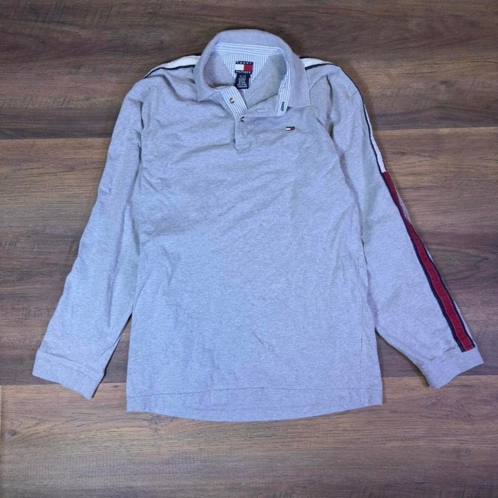 Tommy Hilfiger Men's Long Sleeve Polo Shirt XL Gray Stripe Sleeve Logo